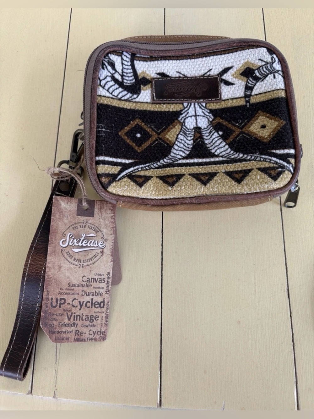 Brown & Cream Canvas Wristlet Clutch